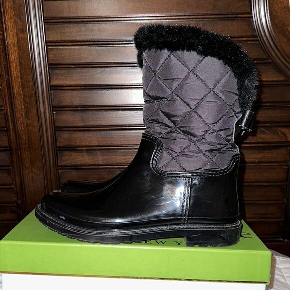 Kate Spade 9M Black Rubber Fleece Faux Fur Lined Rain Winter Pull-On Boots - Picture 4 of 15
